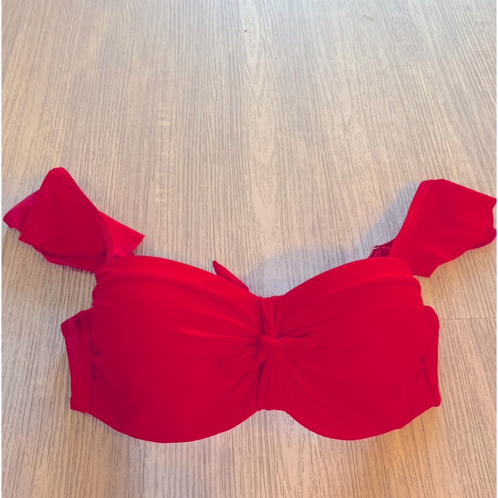 SHEIN-Size L-Red Bikini Top w/ shoulder frills & faux tie front.